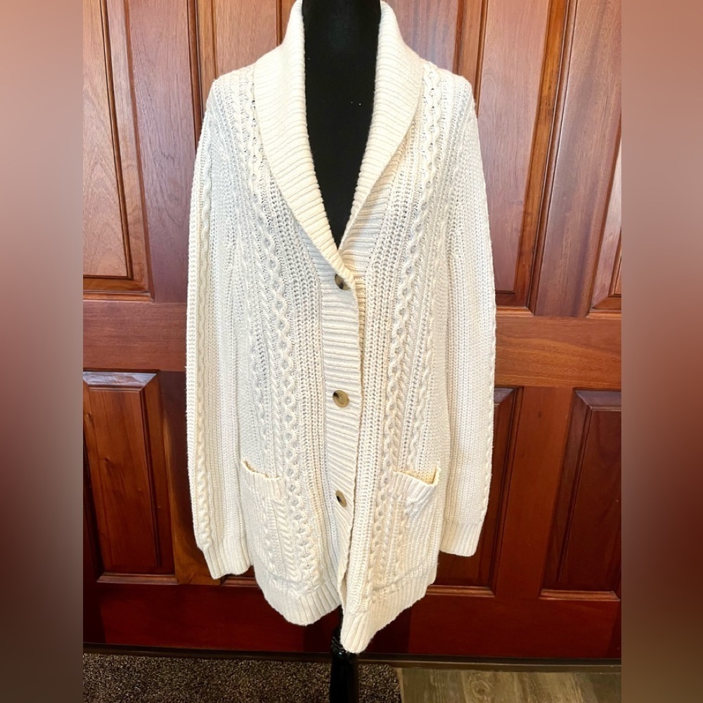 Lands End Cable Knit Cardigan Sweater M 10/12 Shawl Collar Cream/ivory Women